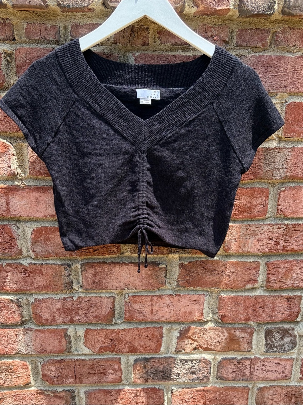 Ten Sixty Sherman Black Cropped V-Neck Drawstring Top